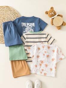 SHEIN Bộ 6 món cho bé trai/bé gái mùa hè, kiểu dáng thường ngày, in hình cây dừa, rùa, cua hoạt hình, áo và quần short, bộ đồ đi nghỉ mát nhiều món, bộ đồ cơ bản nhiều món. - Nhiều màu - Xem 2