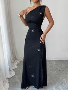 Rafferiza Women's Elegant Glittery Party/Date Oblique Shoulder Sleeveless High Slit Maxi Ruched Dress - Black - View 6