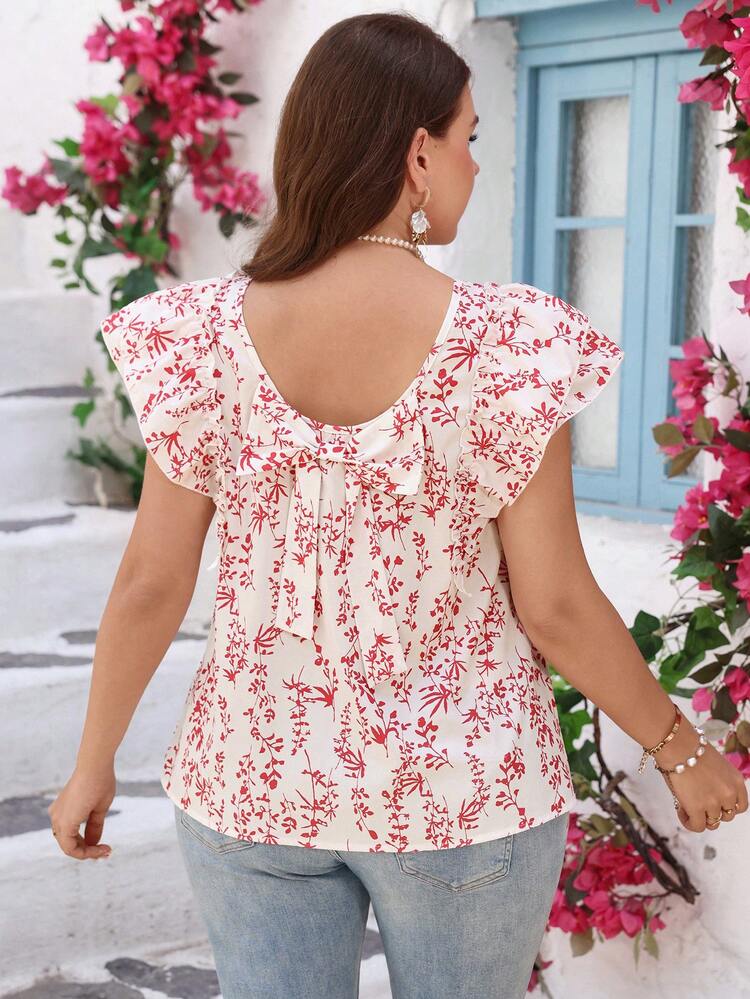 Plus Size Women Plant Print Ruffle Sleeve Casual Shirt