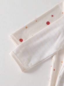 2pcs/Set Newborn Baby Pink Star, Moon, Cloud & Stripe Pattern Long Sleeve Pajamas - Beige - View 4