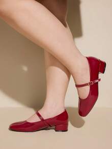 CUCCOO CURVES Zapatos de mujer con tacón grueso rojo, zapatos con suela gruesa, zapatos de tacón bajo de temperamento francés para uso diario, zapatos para usar afuera, con punta cuadrada que no cansa y con forma de pie ancha - Rojo - Ver 3