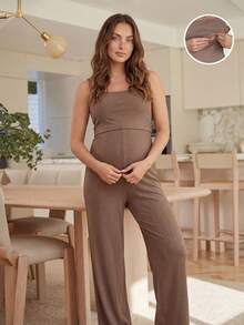 SHEIN Maternity Solid Color Square Neck Ribbed Casual Nursing Jumpsuit - Brown - View 4
