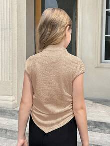 SHEIN Serisse Kids 少女休闲针织修身漏斗领褶皱不对称下摆短袖上衣，适合春夏返校季，也可作为母女装穿着。 - 杏色 - 查看 4