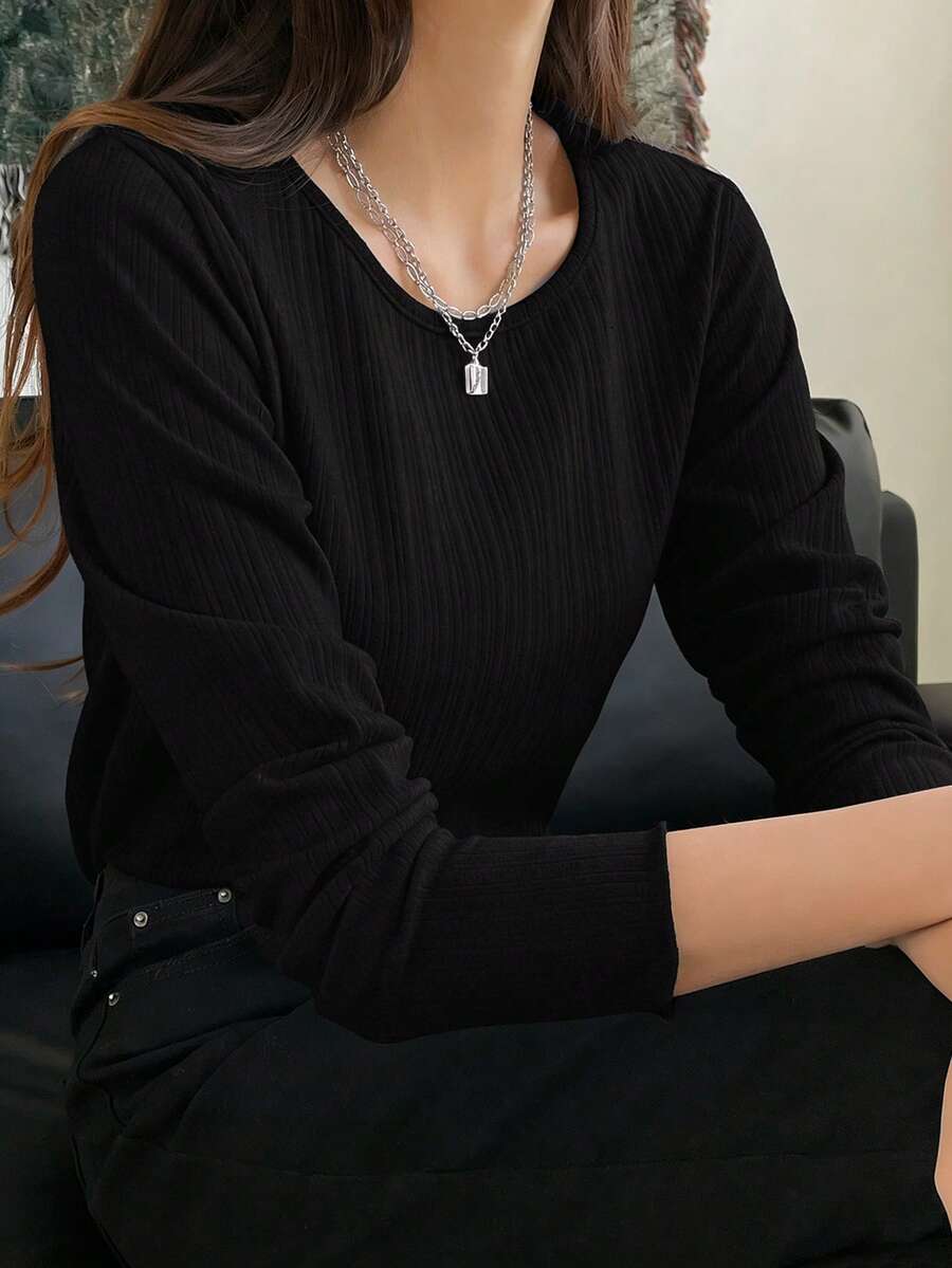 DAZY Ribbed Knit Lettuce Trim Tee,Fall Clothes Long Sleeve Women Tops - Black - View 1