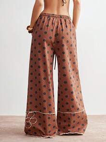 Bohemela 女士休闲舒适 Y2K 波西米亚风音乐节西部乡村复古水洗斜纹牛仔拼接波点宽松阔腿裤 - 卡其色 - 查看 3