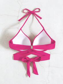 Swim Basics Solid Color Backless Halter Neck Swimsuit Top With Push Up And Underwire, Suitable For Beach Vacation - Hot Pink - View 2