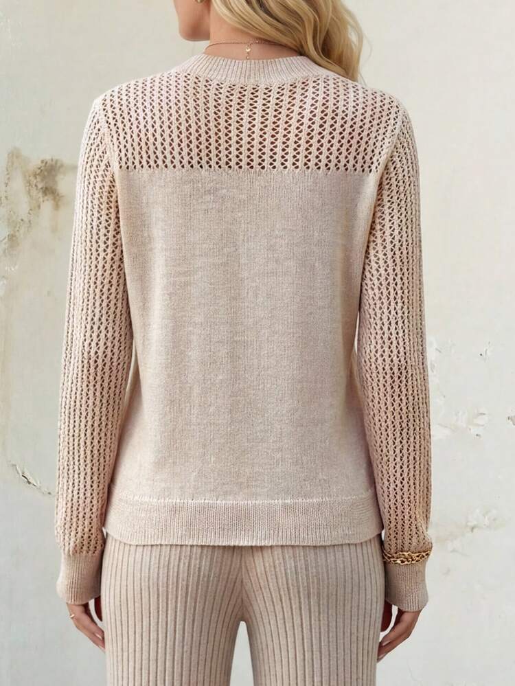 New Autumn Casual Loose Hollow Out Mesh Layered Fashionable Knit Blouse For Women Fall Sweater