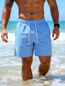 ZELFYO 男士纯色抽绳腰休闲沙滩短裤 - 藍色 - 查看 4