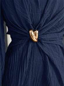 Veilorie New Design Asymmetrical Long Sleeve Waist Ruched Twist Metal Buckle Decor Elegant Lightweight Flowy Cocktail Dress - Navy Blue - View 5