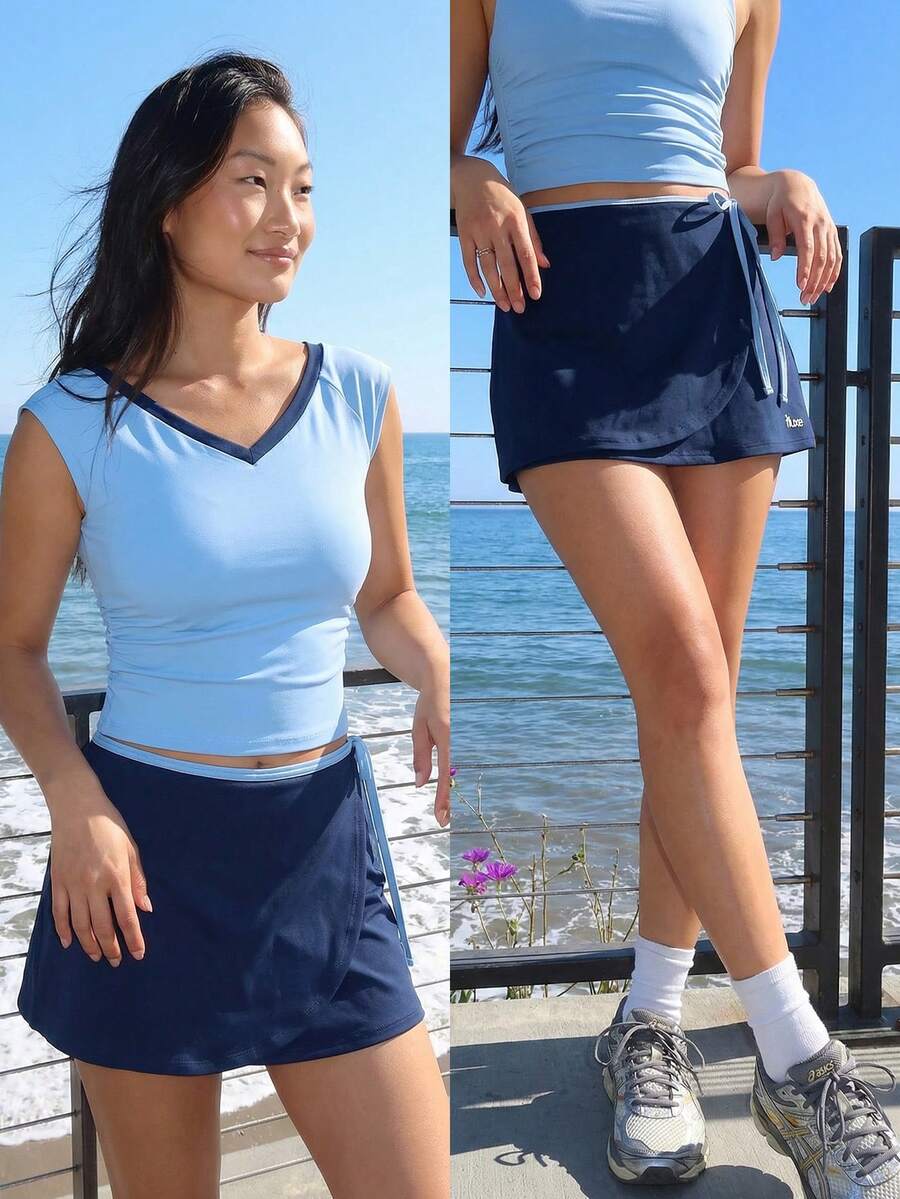 Fluxe 女士字母印花滚边打结休闲百搭日常迷你裙 - 藏蓝色 - 查看 1