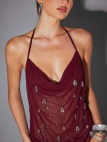 Hauture Gaun Mini Wanita Seksi Transparan Bahan Chiffon Biru Muda dengan Detail Kristal dan Kerah Model Cow Neck - Coklat - View 6