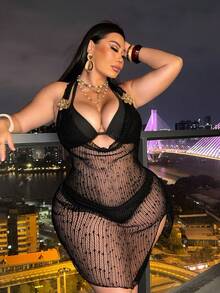Swim SXY Plus Size European And American Style Swimwear Set, Halter Deep V Backless Mesh Sheer Beach Cover Up For Women - Black - View 4