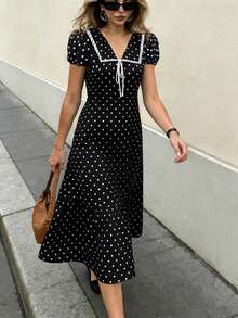 SHEIN PariChic 女士春夏波点连衣裙，蝴蝶结领，短泡泡袖，收腰A字裙，夏季套装 - 黑色 - 查看 1