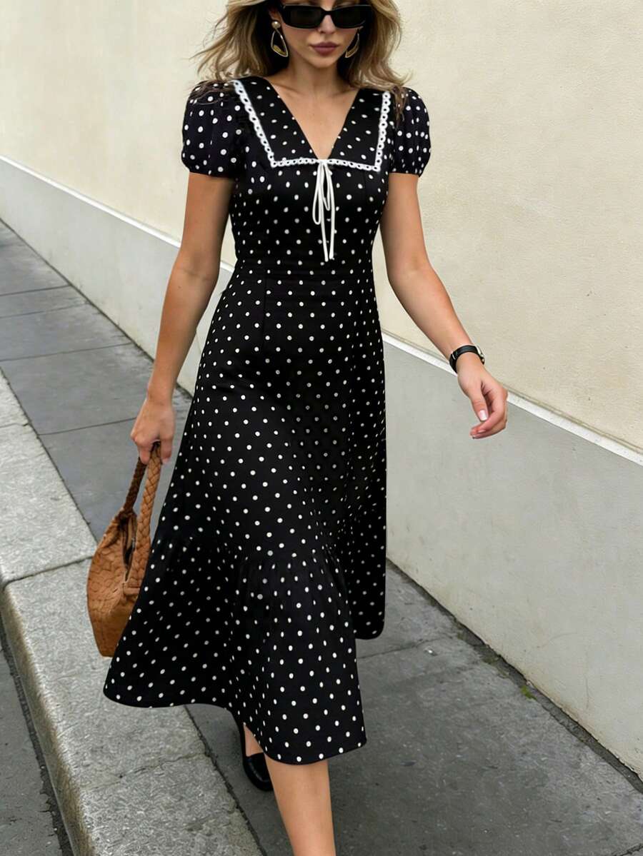 SHEIN PariChic 女士春夏波点连衣裙，蝴蝶结领，短泡泡袖，收腰A字裙，夏季套装 - 黑色 - 查看 1