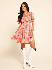 Vivid Eden 女士休闲浪漫优雅简约沙滩度假印花短裙，橙色连衣裙和粉色连衣裙 - 彩色 - 查看 13