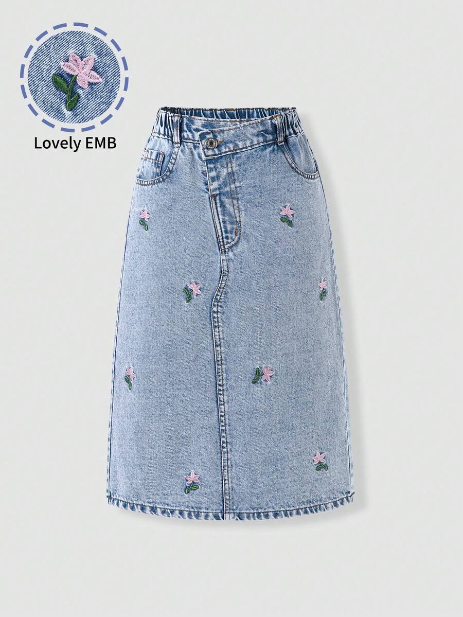 SHEIN 女童牛仔裙，度假風，精緻花卉刺繡，荷葉邊腰頭，穿著舒適，適合日常穿搭