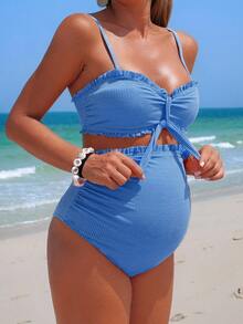 Swim Vcay Bộ đồ bơi tankini bầu mùa hè 25SS kẻ caro kiểu dáng thường ngày dành cho bà bầu - Màu xanh lam - Xem 3