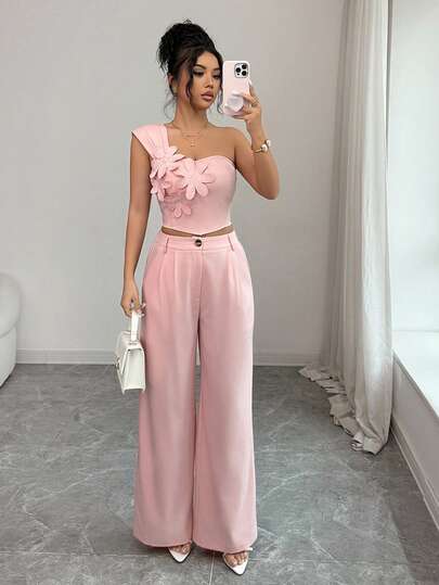 SHEIN Raffinéa Women 3D Floral Decor Blouse And Wide Leg Pants Casual Suit Pink 2 Piece Outfit Women Two Piece Set Women Elegant Two Piece Spring Set Pink Jumpsuit For Women Elegant