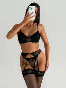 Aloruh 5pack Floral Embroidered Mesh Underwire Garter Lingerie Set - Black - View 6