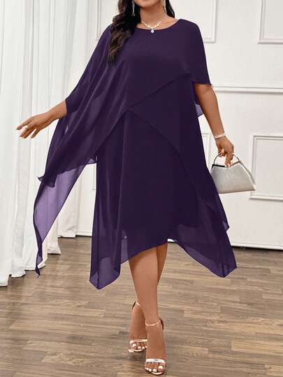 Elenzga Elegante vestido midi de gasa para mujer talla grande, morado oscuro, formal para boda, fiesta, cena, cóctel, invitada, otoño, cuello redondo, manga corta, multicapa, casual