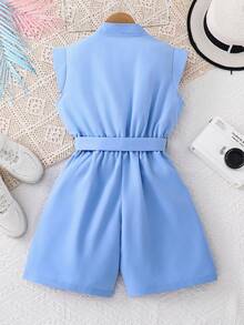 SHEIN 1pc Girls' Casual Solid Color Minimalist Romper, Suitable For Daily Wear And Outdoor - Blue - View 5