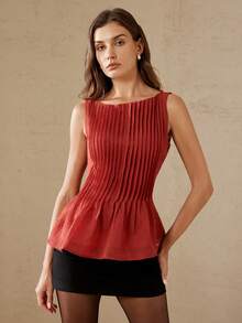 Aveloria Rosie 欧美夏季时尚女装新款百搭无袖褶皱迷你裙上衣，法式浪漫复古收腰伞裙廓形设计，高腰显瘦圆领度假风上衣 - 酒紅色 - 查看 1