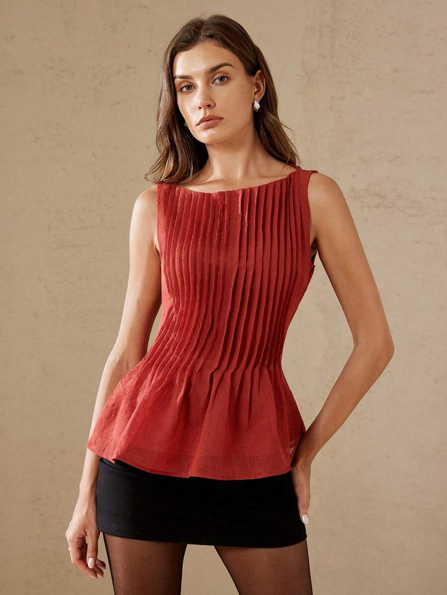 Aveloria Rosie 欧美夏季时尚女装新款百搭无袖褶皱迷你裙上衣，法式浪漫复古收腰伞裙廓形设计，高腰显瘦圆领度假风上衣 - 酒紅色 - 查看 1