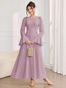 Al Najma Women's Solid Color Round Neck Flare Sleeve Elegant Arabic Style Dress - Lilac Purple - View 5