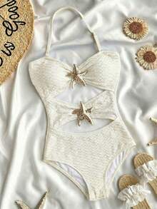 SHEIN 少女金属装饰镂空连体泳衣，适合海滩度假、泳池派对、沙滩派对 - 米色 - 查看 3