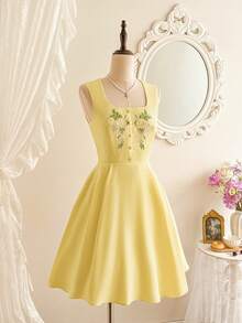 Vintamour 复古优雅女士连衣裙，带口袋，花卉刺绣，碎花方领，吊带休闲度假迷你裙，夏季女装，夏季连衣裙，复活节连衣裙，春季女装，春季连衣裙，度假装，女士度假装，女士连衣裙，夏季防晒连衣裙，女士正式连衣裙，优雅度假装，女士夏季度假装 - 黃色 - 查看 6