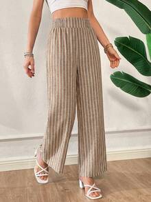 Siren Gaze 女士弹力腰带条纹阔腿宽松休闲裤 - 卡其色 - 查看 6