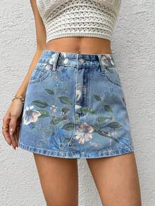 SHEIN ICON 女款花卉圖案口袋休閒寬鬆牛仔裙褲 - 淺色水洗藍 - 查看 5