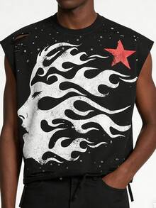 ROMWE MEN Street Life 2026 Spring/Summer New Arrival Men's Casual Fashionable Y2K Style Sleeveless Crew Neck T-Shirt, Unisex Couple Matching Women's Sleeveless Tank Top - Black - View 1