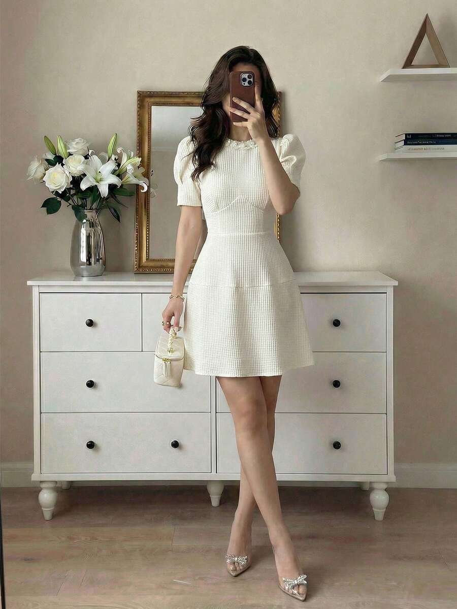 Modelyn Đầm ngắn mùa hè dáng suông tay cánh hoa màu trơn cho nữ, cổ đứng, thắt eo, kiểu dáng thường ngày.