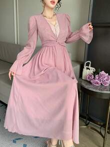 DAZY 女士V领亮片网纱面料收腰长袖优雅连衣裙 - 粉色 - 查看 5