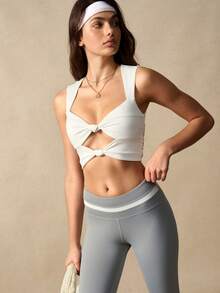 VARSIVA Áo tank top thể thao dáng ngắn ôm sát, màu trơn, kiểu xoắn và khoét lỗ - trắng - Xem 11
