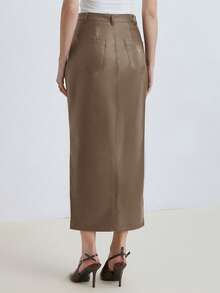 Aveloria Modichic Women's Solid Color Pocket Slit Hem Fashion PU Mid-Length Skirt - Camel - View 2