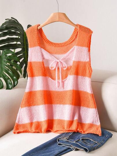 CosyJoli Plus Size Elegant French Casual Contrast Color Hollow Tie Knit Lightweight Short Sleeve Top For Women, Spring/Summer