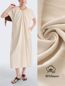 Aalyst 女士柔软棉质抽绳领口可调节深度，蝴蝶结后背系带落肩宽松长裙，优雅法式浪漫复古通勤商务海滩度假休闲简约百搭，新款春夏婚礼派对下午茶 - 杏色 - 查看 2