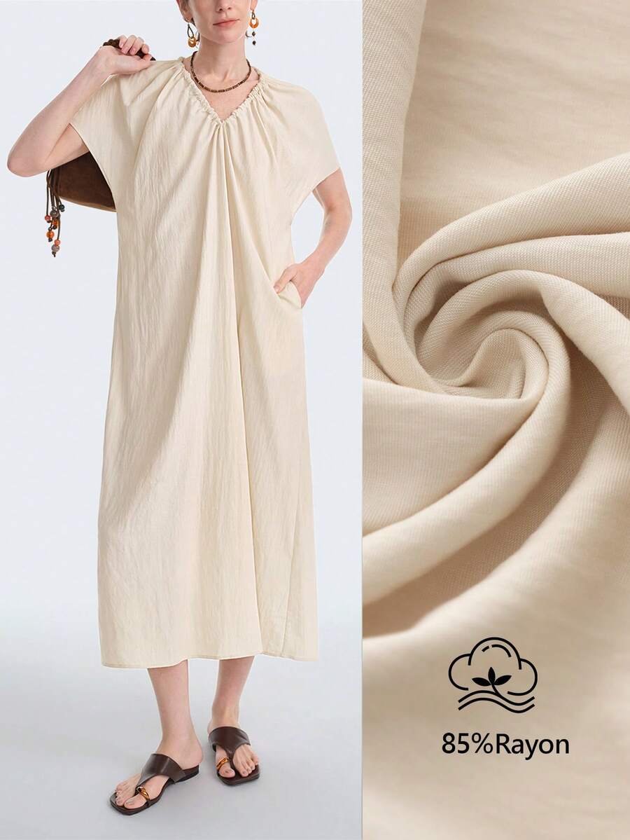 Aalyst 女士柔软棉质抽绳领口可调节深度，蝴蝶结后背系带落肩宽松长裙，优雅法式浪漫复古通勤商务海滩度假休闲简约百搭，新款春夏婚礼派对下午茶