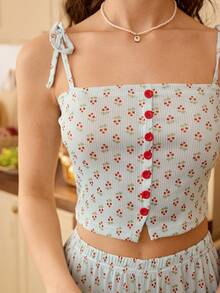 CottageSlumber Strawberry Print Faux Placket Button Camisole & Pants Women Pajama Set - Multicolor - View 7