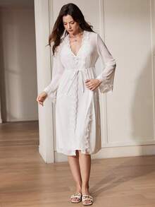 法式优雅成熟罗纹吊带连衣裙和网纱睡袍女士睡衣两件套 - 白色 - 查看 6