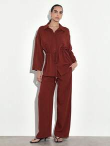 KSTM Rust Red Button Down Collared Shirt With Adjustable Drawstring Waist Tie Long Sleeve Relaxed Fit Women's Blouse - Red - View 3