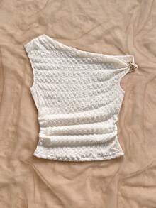 Soleia Vacationdeep-V 不对称肩部金属褶皱修身衬衫，适合派对、度假、音乐节、波西米亚风、节日约会、下午茶 - 杏色 - 查看 5