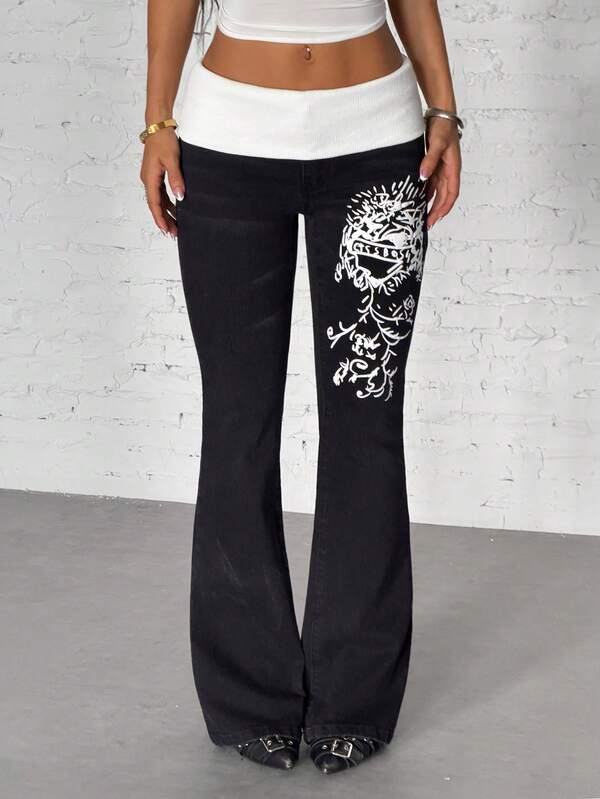 StreetHx Blugi evazați mulați cu talie contrastantă pentru femei