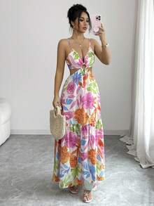 SHEIN Elenzya Women's Printed Waist-Cinched Midi Dress, Suitable For Vacation, Daily Wear And Commuting - Multicolor - View 5