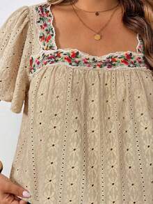 SHEIN CURVE+ Plus Size Square Neckline, Minimalist And Fashionable, Suitable For Summer Beach For Woman/Beach /Beach Vacation/Beach Essentials / Graduation/Tea Party Summer/Country/Beach Vacation/Beach/Beach Wear, Going Out Top - Khaki - View 6