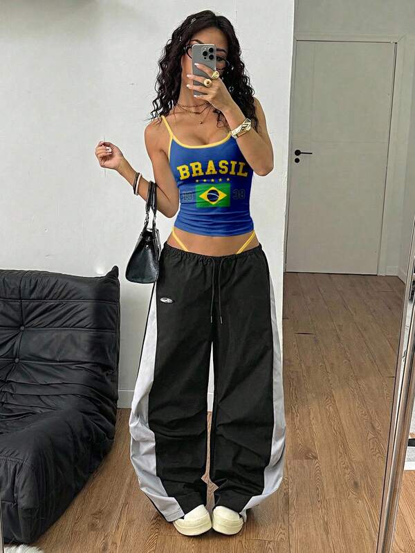 Coolane Women's Casual Sexy Camisole Contrast Color Brazilian Flag & Letter Print Tight Camisole, Suitable For Outings, World Cup, Street Style, Chic, Y2K