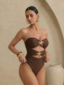 Swim Oasis 女士性感镂空拼接彩色海洋金属装饰连体泳衣，搭配渐变色网纱裙沙滩套装，春夏款 - 咖啡棕 - 查看 8