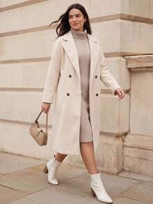 Juhart 大码女式纯色双排扣翻领长袖休闲羊毛大衣，秋冬款 - 杏色 - 查看 1